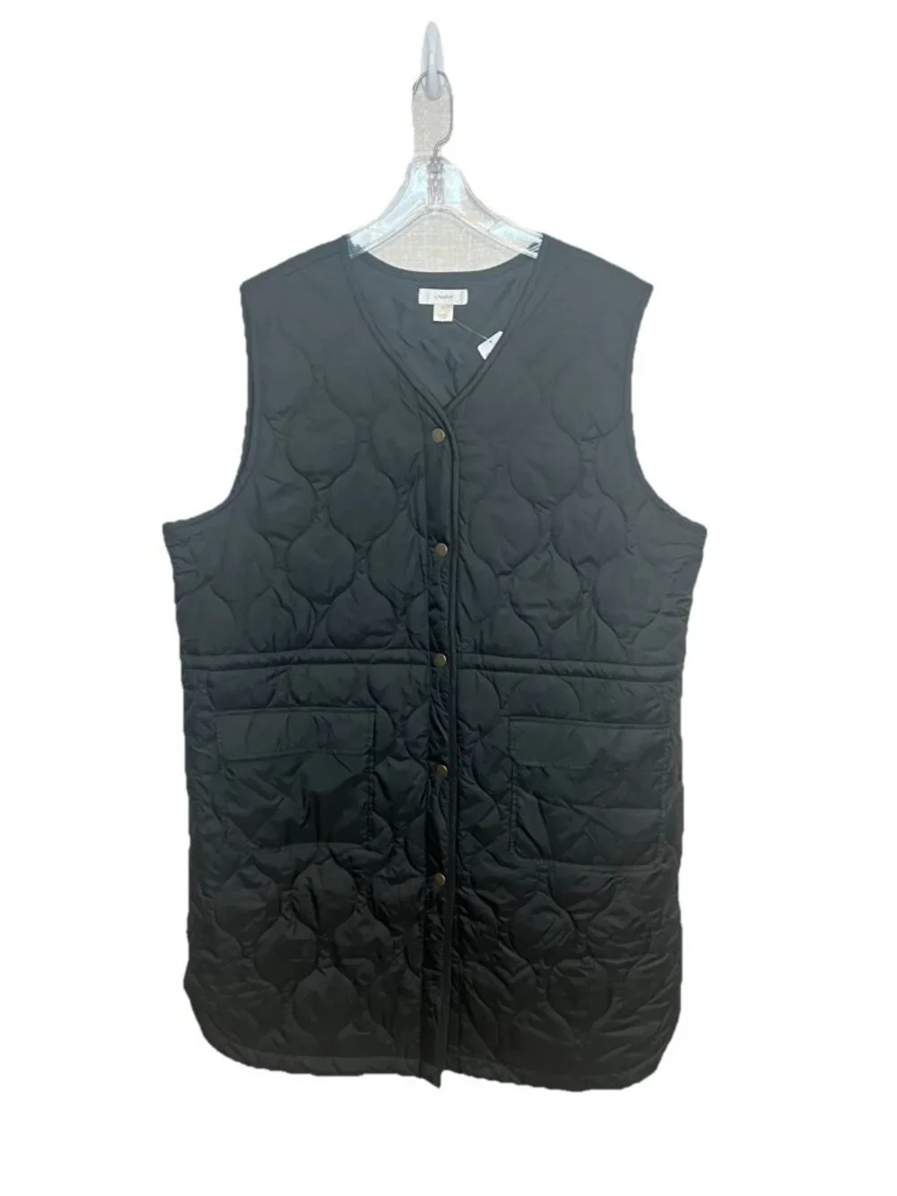 CJ Banks Womens 2X Black Quilted Longline Vest Snap Front Utility Pockets